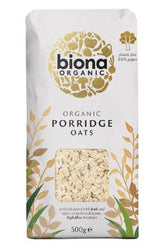 Biona Organic Porridge Oats pack, 500g, high-fiber, healthy breakfast, eco-friendly packaging.